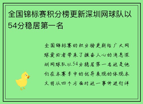 全国锦标赛积分榜更新深圳网球队以54分稳居第一名