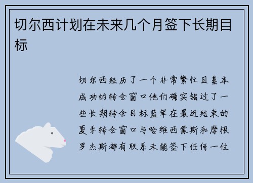 切尔西计划在未来几个月签下长期目标
