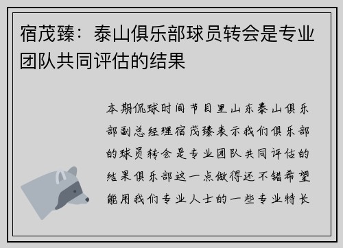 宿茂臻：泰山俱乐部球员转会是专业团队共同评估的结果